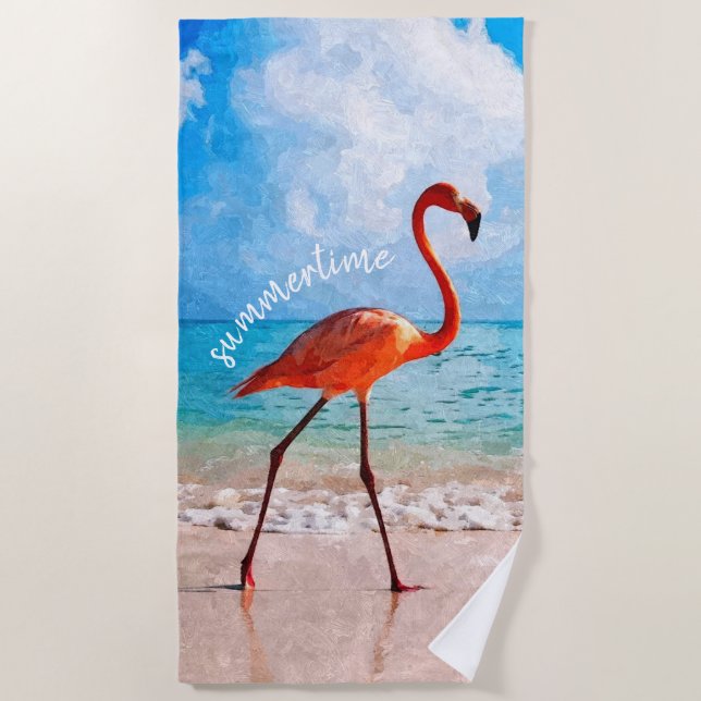 Custom Elegant Flamingo On Beach Watercolor Art Beach Towel (Front)