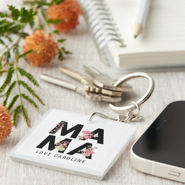 Custom Elegant Floral MAMA Mother's Day Birthday Key Ring (Front Right)