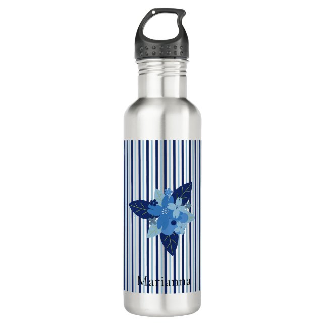 Custom elegant floral stripes monochromatic blue 710 ml water bottle (Front)