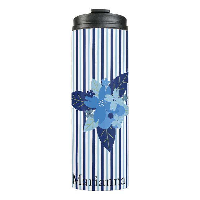 Custom elegant floral stripes monochromatic blue thermal tumbler (Front)