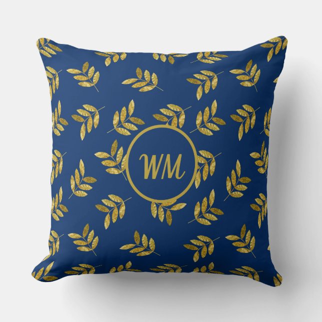 Custom Elegant Gold Foliage Blue  Cushion (Front)