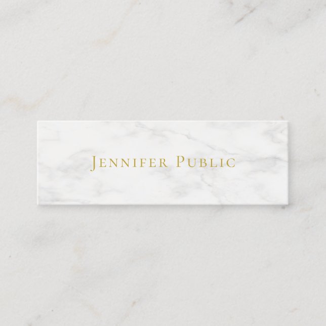 Custom Elegant Gold Name White Marble Minimalist Mini Business Card (Front)