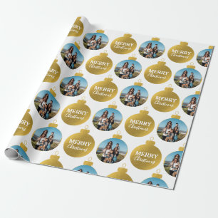Custom Elegant Gold Photo Ornaments Christmas Wrapping Paper