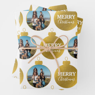 Custom Elegant Gold Photo Ornaments Christmas Wrapping Paper Sheet