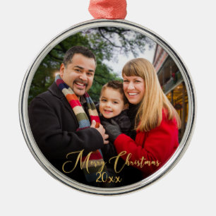 Custom Elegant Gold Script Family Photo Christmas Metal Ornament