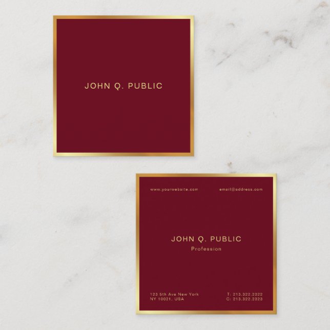 Custom Elegant Gold Text Burgundy Red Luxe Silk Square Business Card (Front/Back)