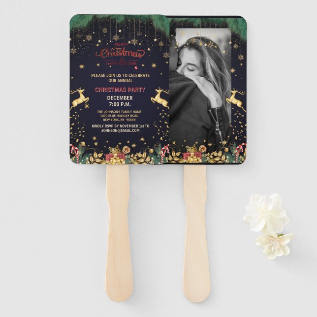 Custom Elegant Golden Reindeer Holiday Season  Hand Fan (Front and Back)
