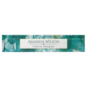 Custom Elegant Green Gold Ink Desk Nameplate