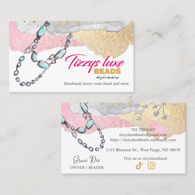 CUSTOM Elegant Handcrafted Bead Jewellery V2 R1 Bu Business Card (Front/Back)