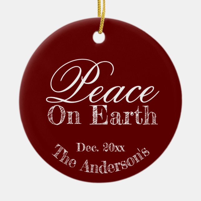 Custom Elegant Holiday Red Peace On Earth  Ceramic Ornament (Front)