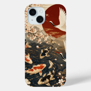 Custom Elegant Japanese Koi & Crane Art iPhone 15 Case