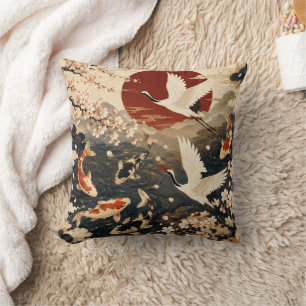 Custom Elegant Japanese Koi & Crane Art Cushion