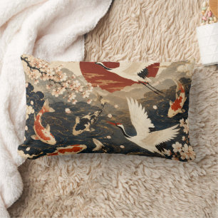 Custom Elegant Japanese Koi & Crane Art Lumbar Cushion