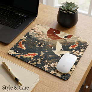 Custom Elegant Japanese Koi & Crane Art Mouse Pad