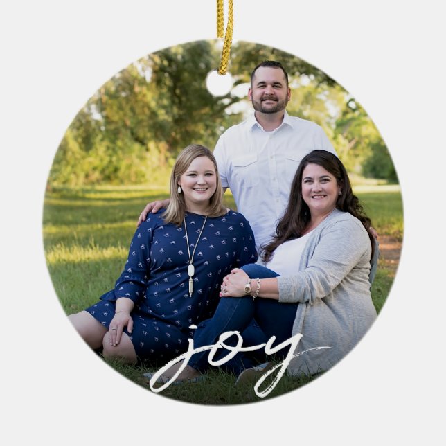 Custom Elegant Joy 2-Sided Family Photo Christmas Ceramic Ornament (Front)