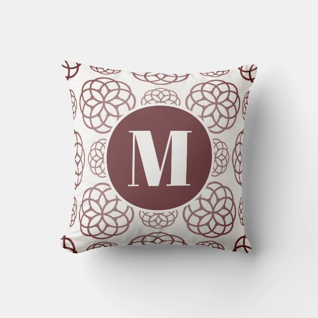 Custom Elegant Maroon Circular Pattern Monogrammed Cushion (Front)