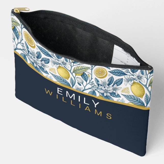 Custom Elegant Mediterranean Lemon Botanical Navy Accessory Pouch (Open)