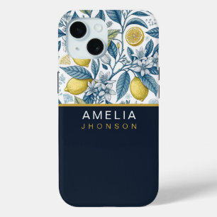 Custom Elegant Mediterranean Lemon Botanical Navy iPhone 15 Case