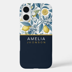 Custom Elegant Mediterranean Lemon Botanical Navy iPhone 16 Case