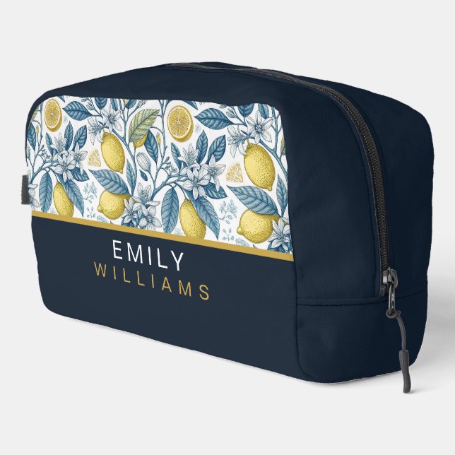 Custom Elegant Mediterranean Lemon Botanical Navy Dopp Kit (Right Corner)