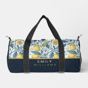 Custom Elegant Mediterranean Lemon Botanical Navy Duffle Bag
