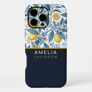 Custom Elegant Mediterranean Lemon Botanical Navy iPhone 16 Pro Max Case