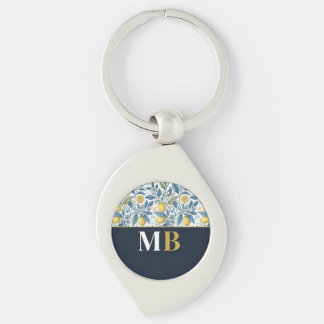 Custom Elegant Mediterranean Lemon Botanical Navy Key Ring