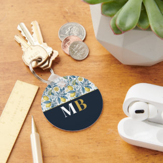 Custom Elegant Mediterranean Lemon Botanical Navy Key Ring