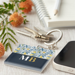 Custom Elegant Mediterranean Lemon Botanical Navy Key Ring