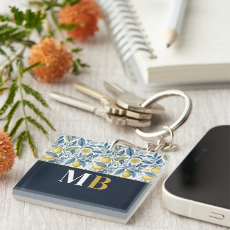 Custom Elegant Mediterranean Lemon Botanical Navy Key Ring