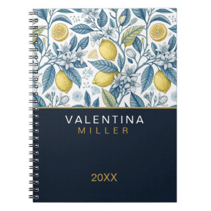 Custom Elegant Mediterranean Lemon Botanical Navy Notebook