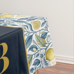 Custom Elegant Mediterranean Lemon Botanical Navy Tablecloth
