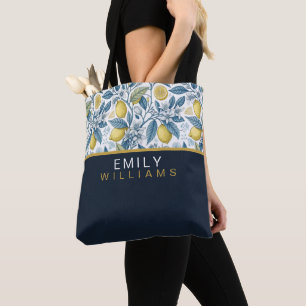 Custom Elegant Mediterranean Lemon Botanical Navy Tote Bag