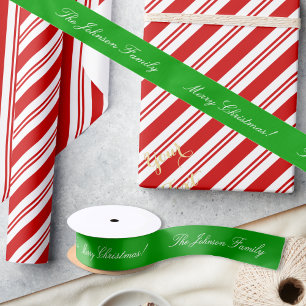 Custom Elegant Merry Christmas Green Gift Wrap Satin Ribbon