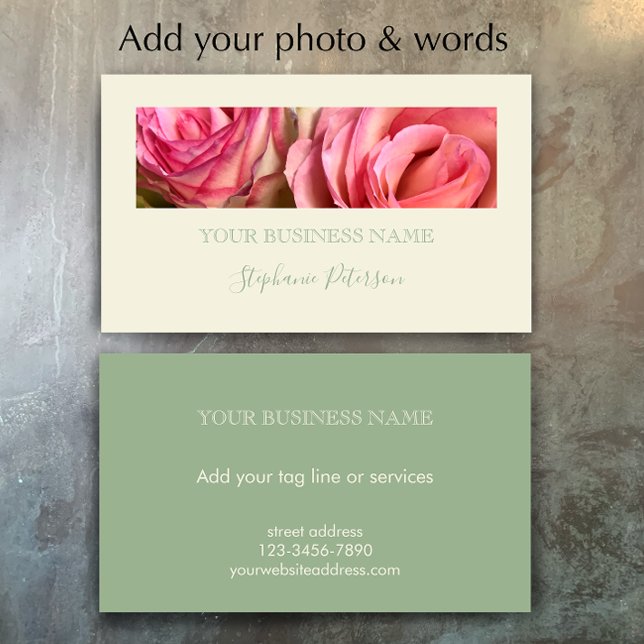 Custom Elegant Modern Sage Green Photo Template  Business Card (Add your photo and words to this elegant modern sage green business card template.
)