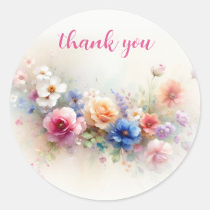 Custom Elegant Modern Watercolor Floral Thank You Classic Round Sticker