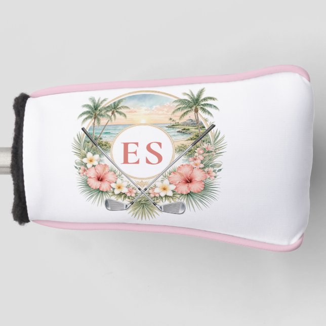 Custom Elegant Monogram Beach Coastal Golf Theme Head Cover (Front)