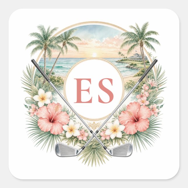 Custom Elegant Monogram Beach Coastal Golf Theme Square Sticker (Front)