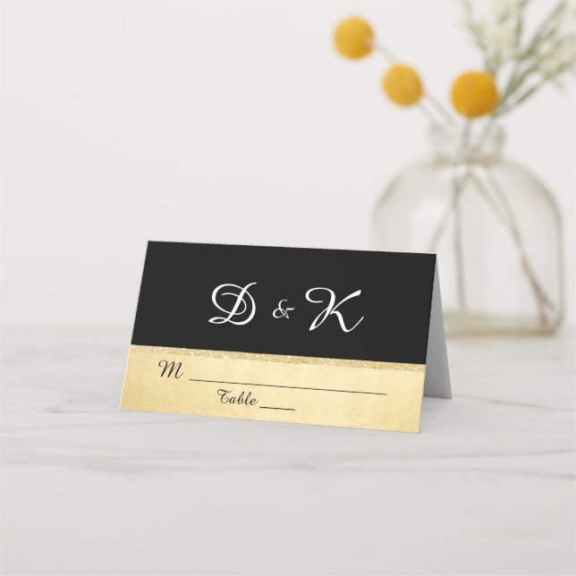 Custom Elegant Monogram Black Gold Wedding Place Card (Front)