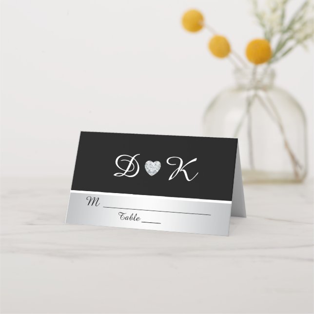 Custom Elegant Monogram Black Silver Heart Wedding Place Card (Front)