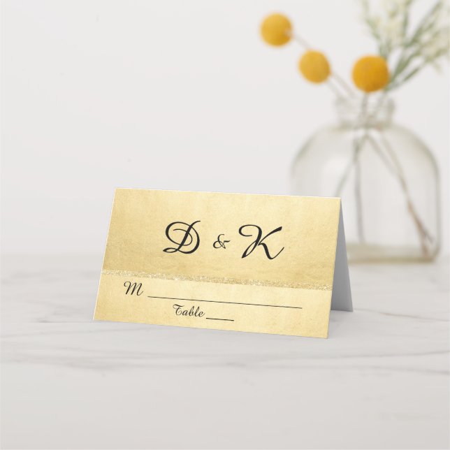 Custom Elegant Monogram Gold Glitter Wedding Place Card (Front)