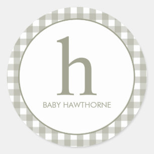 Custom Elegant Monogram Green Gingham Baby Shower Classic Round Sticker