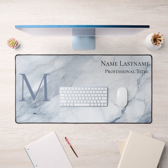 Custom Elegant Monogram Light Blue Marble Desk Mat (Office 1)