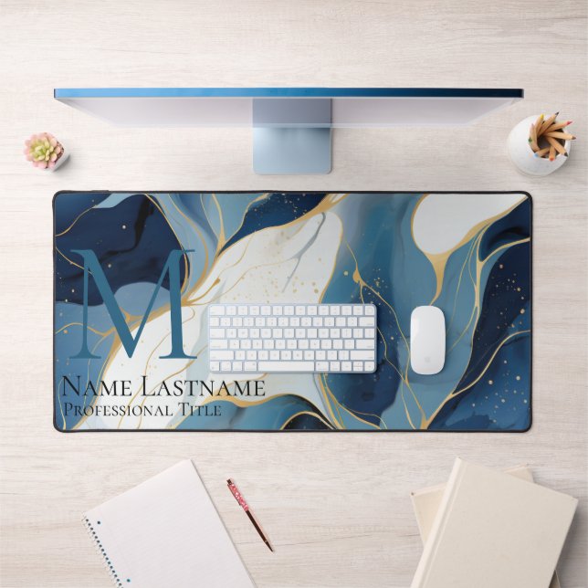 Custom Elegant Monogram Navy Blue White Marble Desk Mat (Office 1)