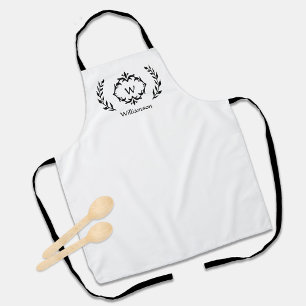 Custom Elegant Monogrammed Crest Logo Black White Apron