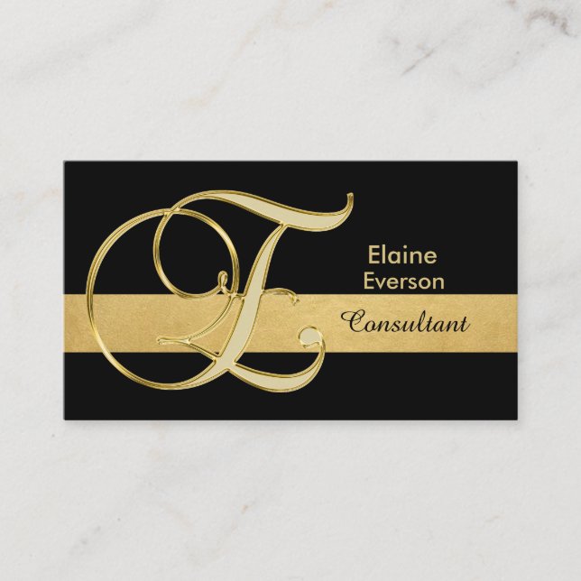 Custom Elegant Monogrammed Gold Black Initial 'E' Business Card (Front)