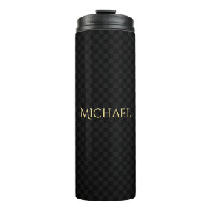 Custom Elegant Name Black Grey Check Pattern Steel Thermal Tumbler