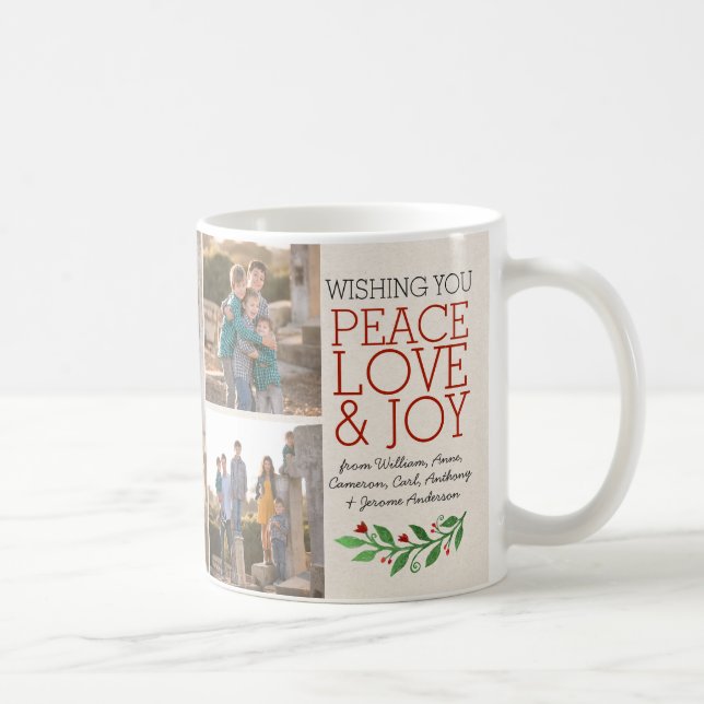 Custom Elegant Peace Love Joy 3 Photo Christmas Coffee Mug (Right)
