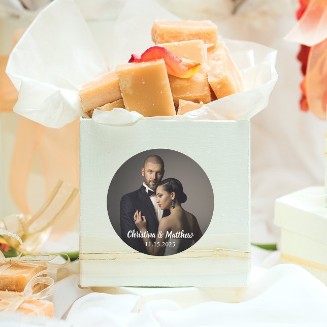 Custom Elegant Photo and Wedding Date Classic Round Sticker (Creator Uploaded)