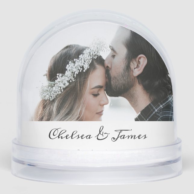 Custom Elegant Photo Calligraphy Script Name Date  Snowglobe (Front)